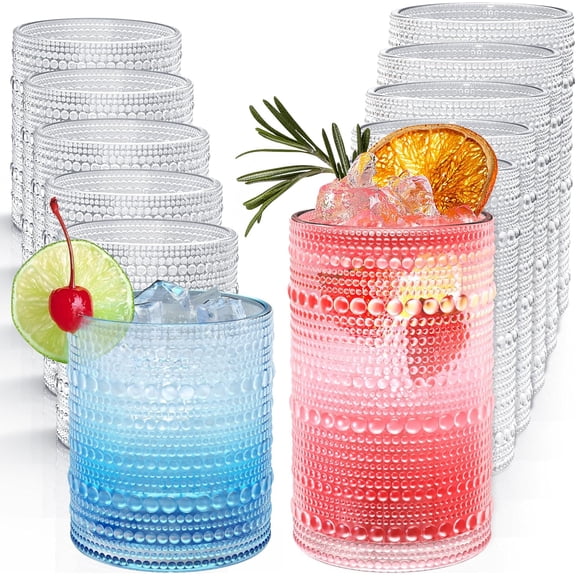 Vintage Hobnail Drinking Glasses Set of 12, 12 oz Highball Glasses & 10 oz Cocktail Glasses, Embossed Glass Cups, Clear Water Glasses Kitchen Bar Glassware Set for Beer, Juice, Cocktail, Whiskey