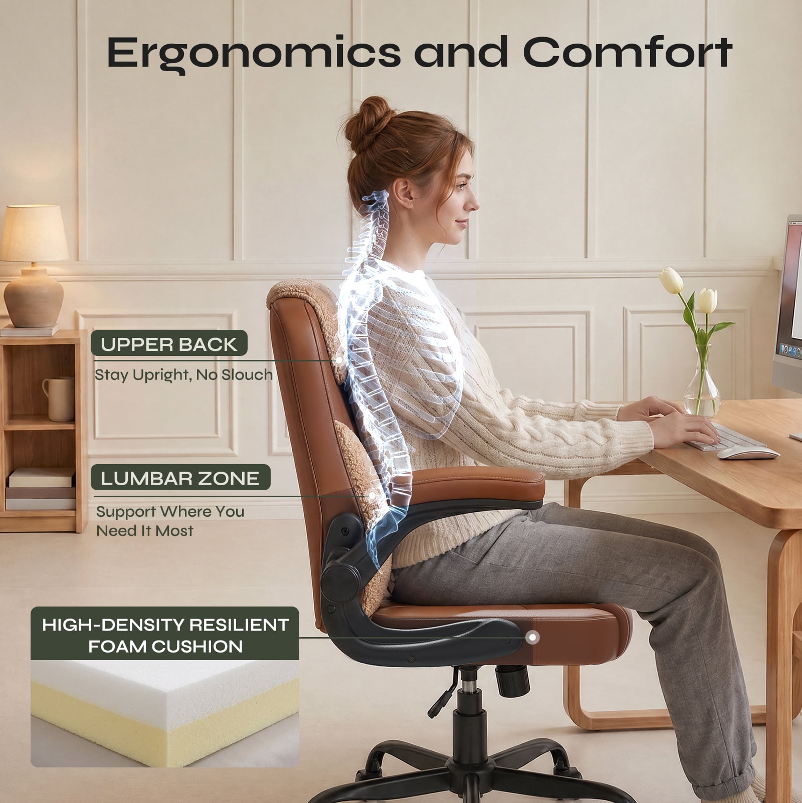 Pinmoco Ergonomic PU Leather Office Chair, High Back Executive Computer Desk Chair with Double-Layer Cushion, Swivel Gaming Chair with Wheels and Flip-Up Armrests, Brown