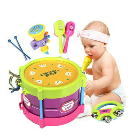 Arzil Baby Concert Toys 5PC New Roll Drum Musical Instruments Band Kit Unisex Colorful Educational Learning and Development Toys Gift for Toddler Infant Newborn Children Kids (Best Travel Toys For Babies)