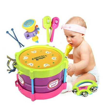 Arzil Baby Concert Toys 5PC New Roll Drum Musical Instruments Band Kit Unisex Colorful Educational Learning and Development Toys Gift for Toddler Infant Newborn Children Kids (Best Toys For Newborn Development)