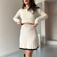 thumbnail image 4 of Women Color Contrast Collar Long Sleeves Top High Waisted Short Skirts Vintage 2 Pcs Sets Milky L, 4 of 6