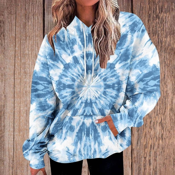 thefmos Women Fall Winter Hooded Tie Dye Loose Pullover Tops Sweatshirts Casual Long Sleeve Streetwear Oversized Sweatshirt with Pockets Trendy Cozy Fashion, Light Blue M