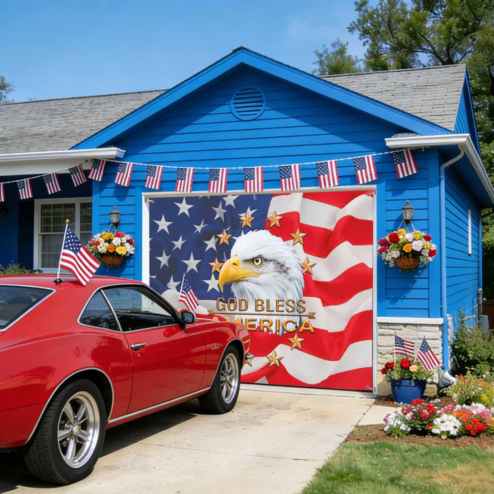 Eagle 4th of July Garage Door Cover Banner 7 x 16 FT, Independence Day Stars Flag Garage Door Curtains Backdrop with Grommets for Indoor Outdoor Wall Party Porch Yard Decorations Background