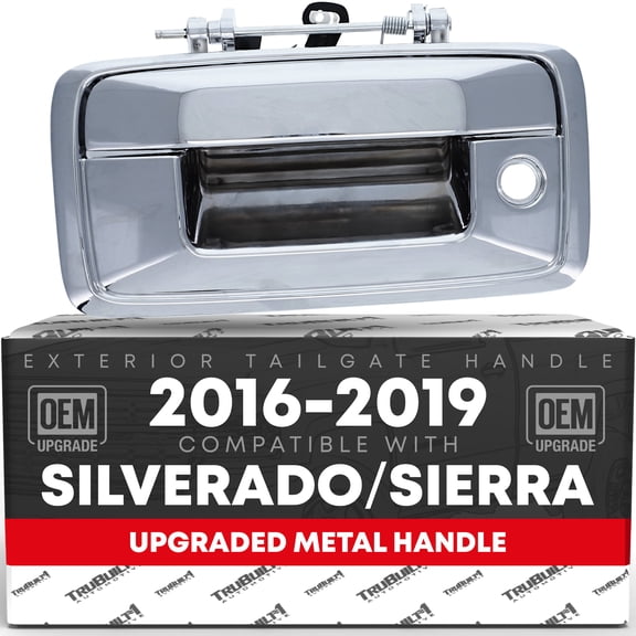 T1A Tailgate Handle Assembly, Upgraded Metal Compatible with 2016-2019 Chevrolet Silverado, GMC Sierra - Liftgate Latch Handle Replacement - Chrome, w/Camera Hole - OEM 23448681, 23487215, 84016231