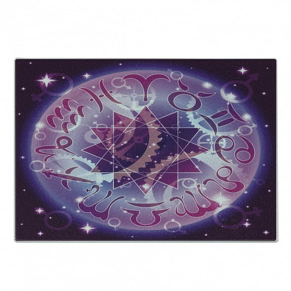 Astrology Cutting Board, Zodiac Circle in Space with Abstract Gender Signs Star Shape Center, Decorative Tempered Glass Cutting and Serving Board, Small Size, Purple and Pale Blue, by Ambesonne