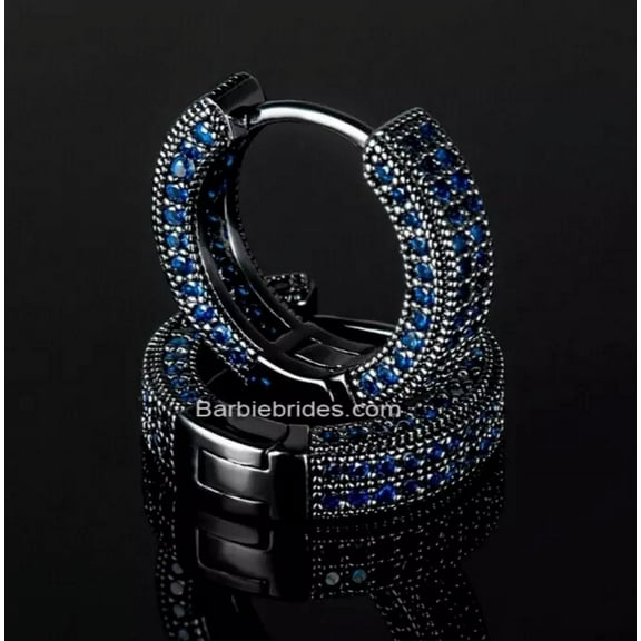 Fully Iced Micro Pave Rhodium Plated Black Blue CZ Men Women Hoop Earrings