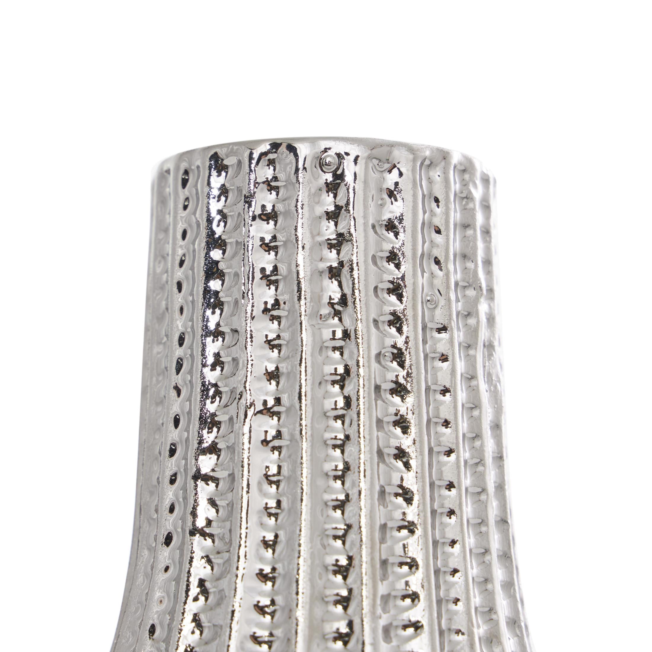 DecMode 3"W, 8"H Geometric Dimensional Textured Silver Ceramic Vase with Varying Shapes and Grid Patterns, Set of 3