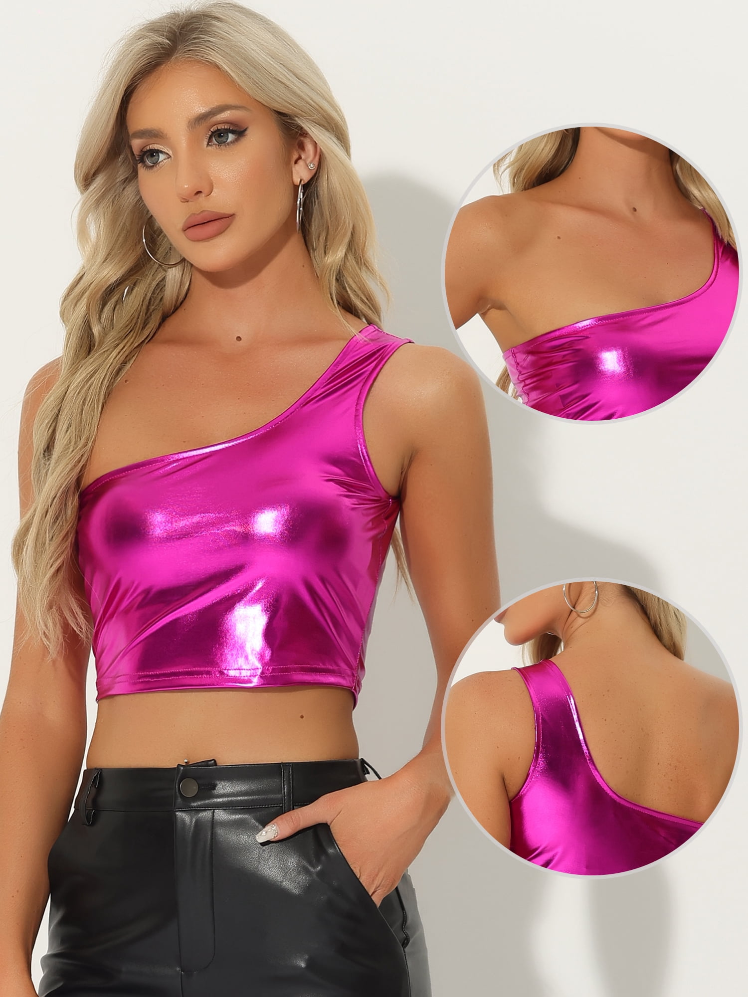 DARING DIVA Women's Metallic Cropped Top One Shoulder Blouse S Hot Pink