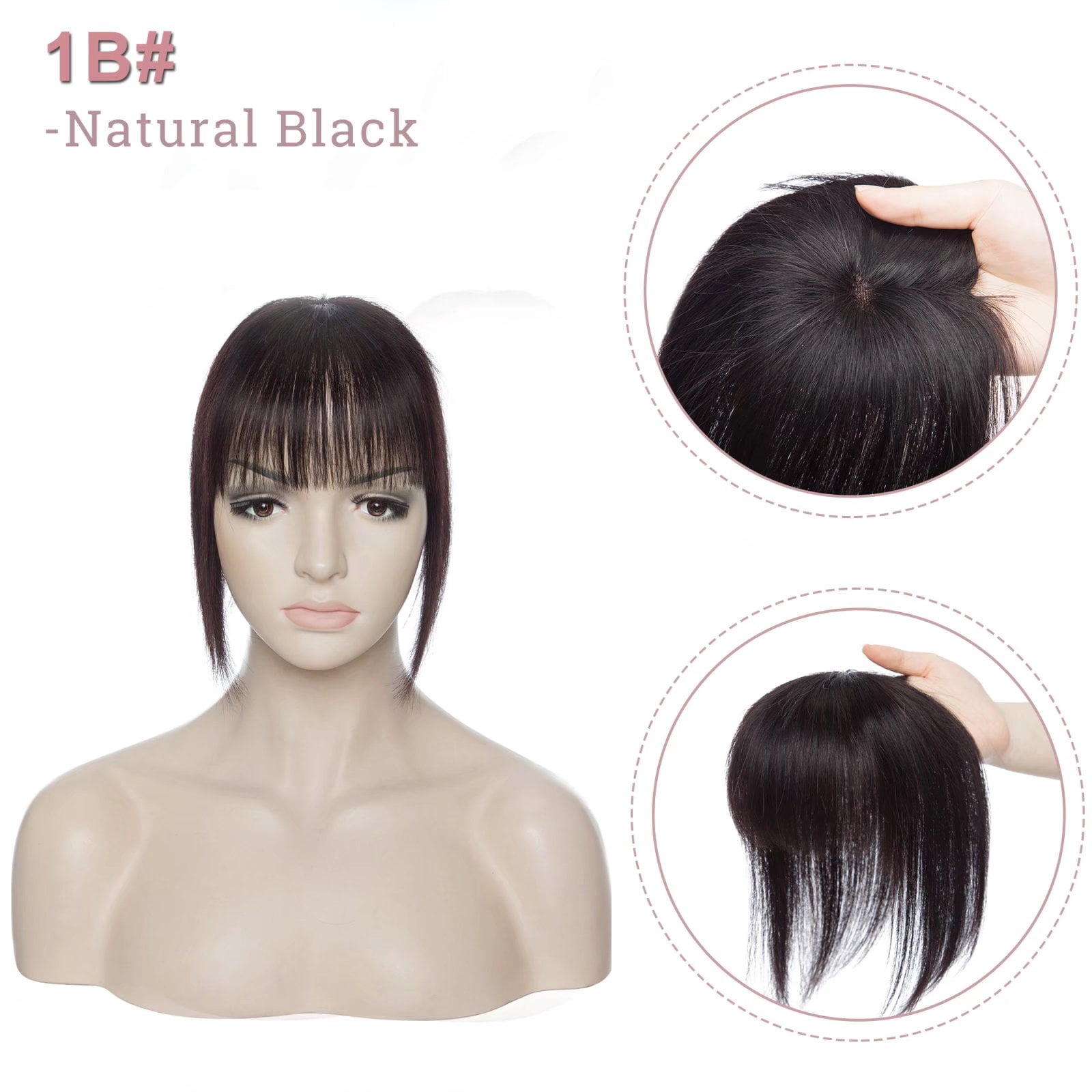 MY-LADY Hair Toppers for Women Real Human Hair with Bangs 3 Clip In Remy Topper Hairpiece for Thin Hair Natural Looking Hair Extensions 12inch #1B Natural Black