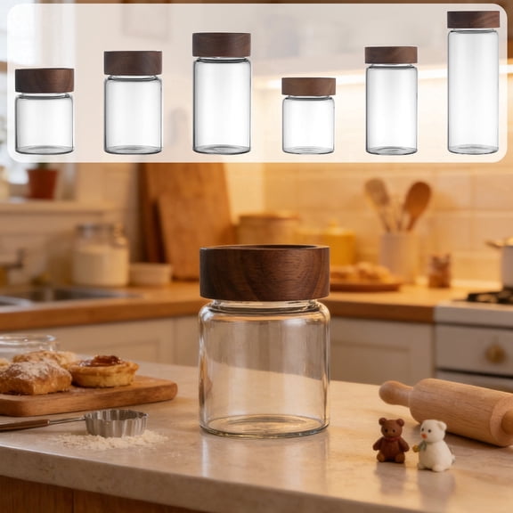 Glass Kitchen Storage Jar, Airtight Borosilicate Canister With Maple Wood Lid, Clear Food Storage Container For Coffee, Tea, Snacks, Grains, 1 Pc