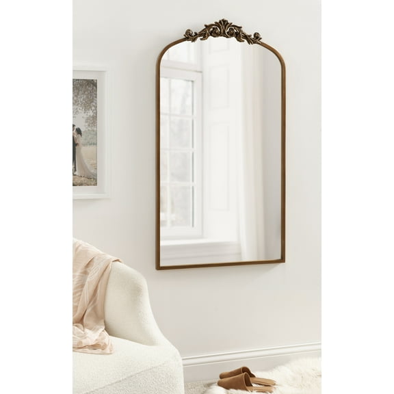 Kate and Laurel Arendahl Glam Arched Tall Panel Mirror, 24 x 42, Gold, Traditional Baroque Large Body Wall Mirror with Ornate Garland Inspired Crown