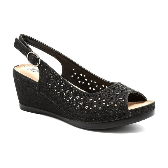 LADY COUTURE Open toe slingback wedge with Metallic studs, ANITA BLACK 10