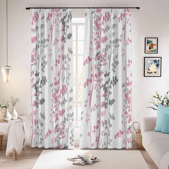 Pink Grey Botanical Blackout Curtains for Bedroom/Living Room, Pinch Pleated Black Out Curtains, Spring Floral Summer Farmhouse Room Darkening Window Drapes with Hooks 2 Panels, 59"x70"