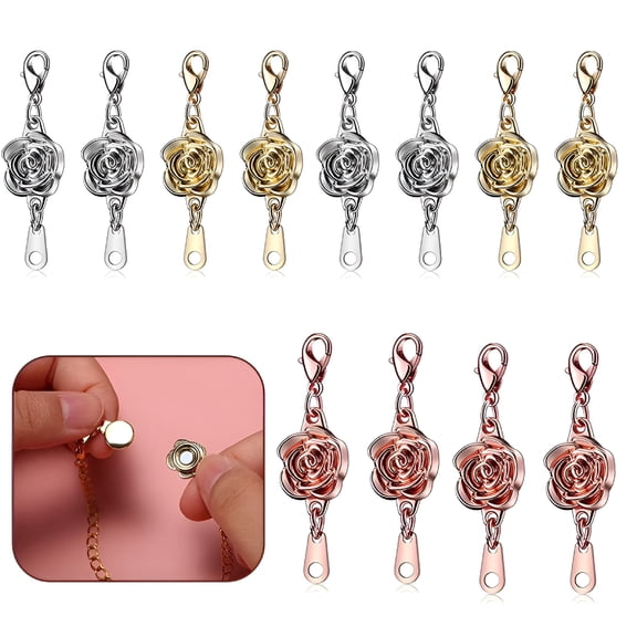 DESIGNICE 12 Pieces Locking Magnetic Clasps Rose Jewelry Magnetic Clasp Necklace Lobster Clasp Closures Magnetic Clasp Converter Chain Extenders for Jewelry Necklace Bracelet (Gold,Silver,Rose Gold)