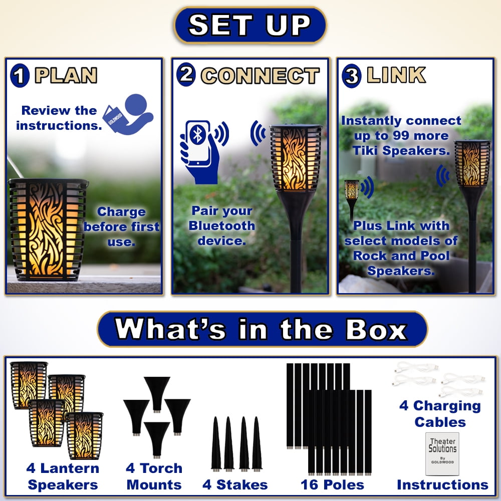 Theater Solutions TT100 Fully Wireless 240 Watt Rechargeable Battery Bluetooth Tiki Torch Speaker 4 Pack Lanterns Link Up To 99 Speakers Wirelessly