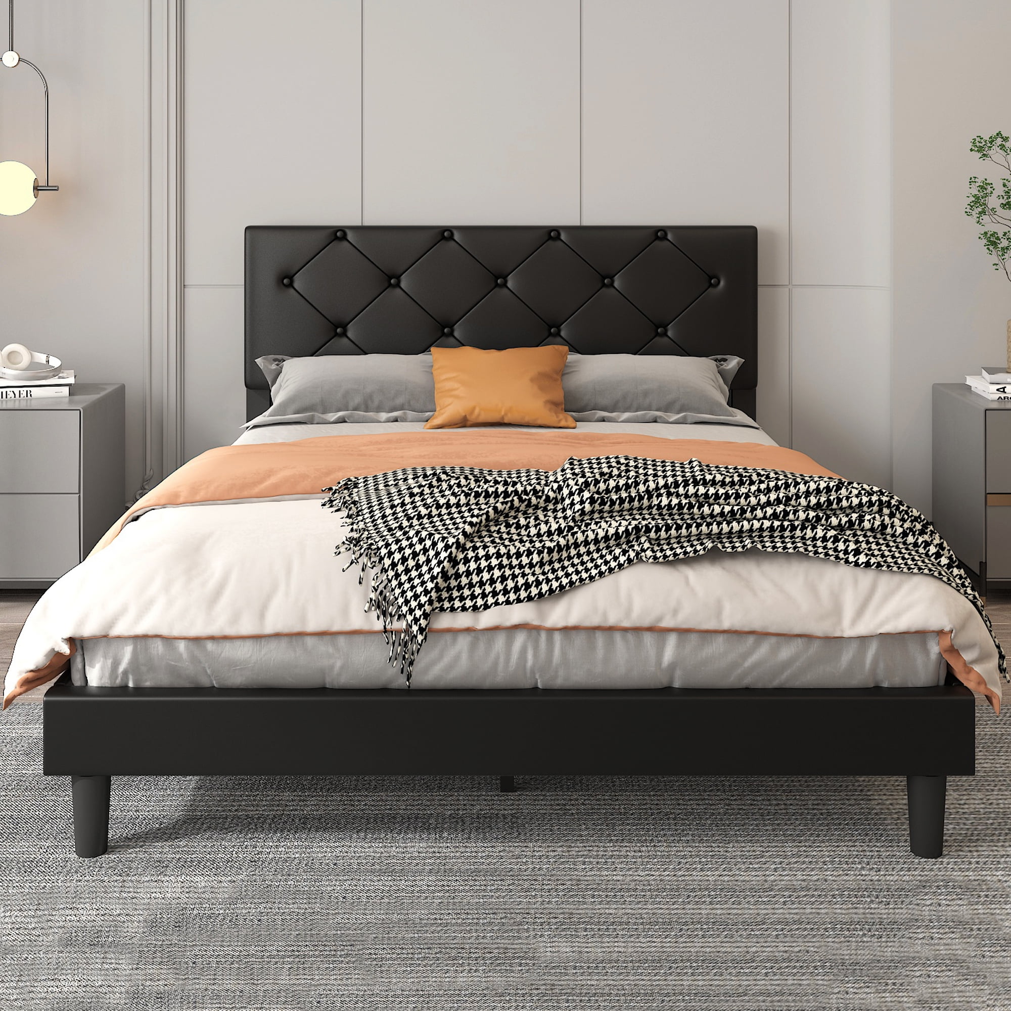 uhomepro Queen Size Black Panel Bed Frame with Adjustable Headboard