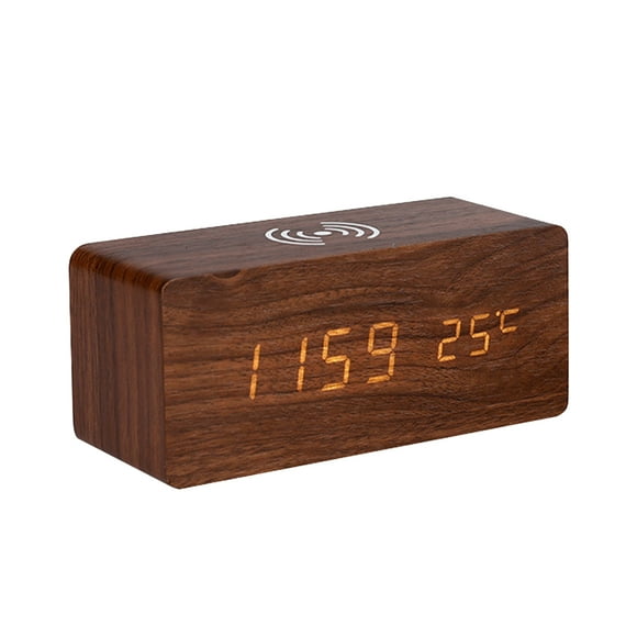 Réveil Numérique en Bois à LED avec Charge Sans Fil 10W, 3 Réglages d'Alarme, 2 Modes d'Affichage, 3 Niveaux de Luminosité, Format 12/24H, Réveil Tactile et Contrôle Acoustique - Bois Brun avec Lumière Blanche