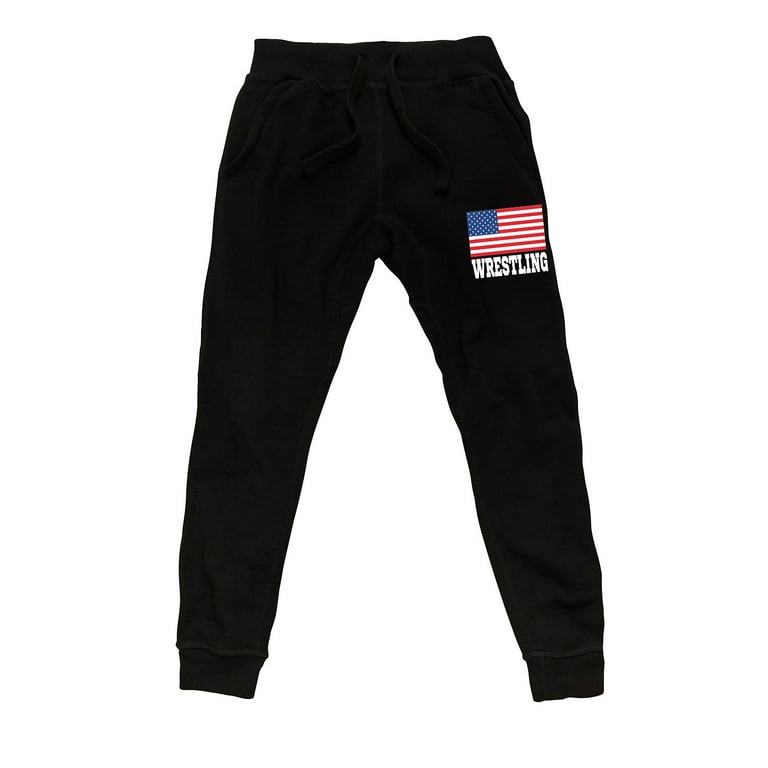 Men s Wrestling US Flag F96 Black Fleece Jogger Sweatpants Small