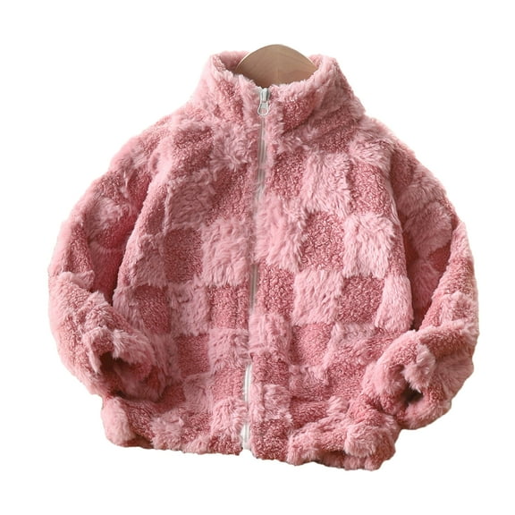 comerut Kids Fleece Jacket Plaid Fall Winter Thick Warm Stand Collar Zipper Solid Color Long Sleeves Casual Toddles Boys Girls Casual Plush Coat