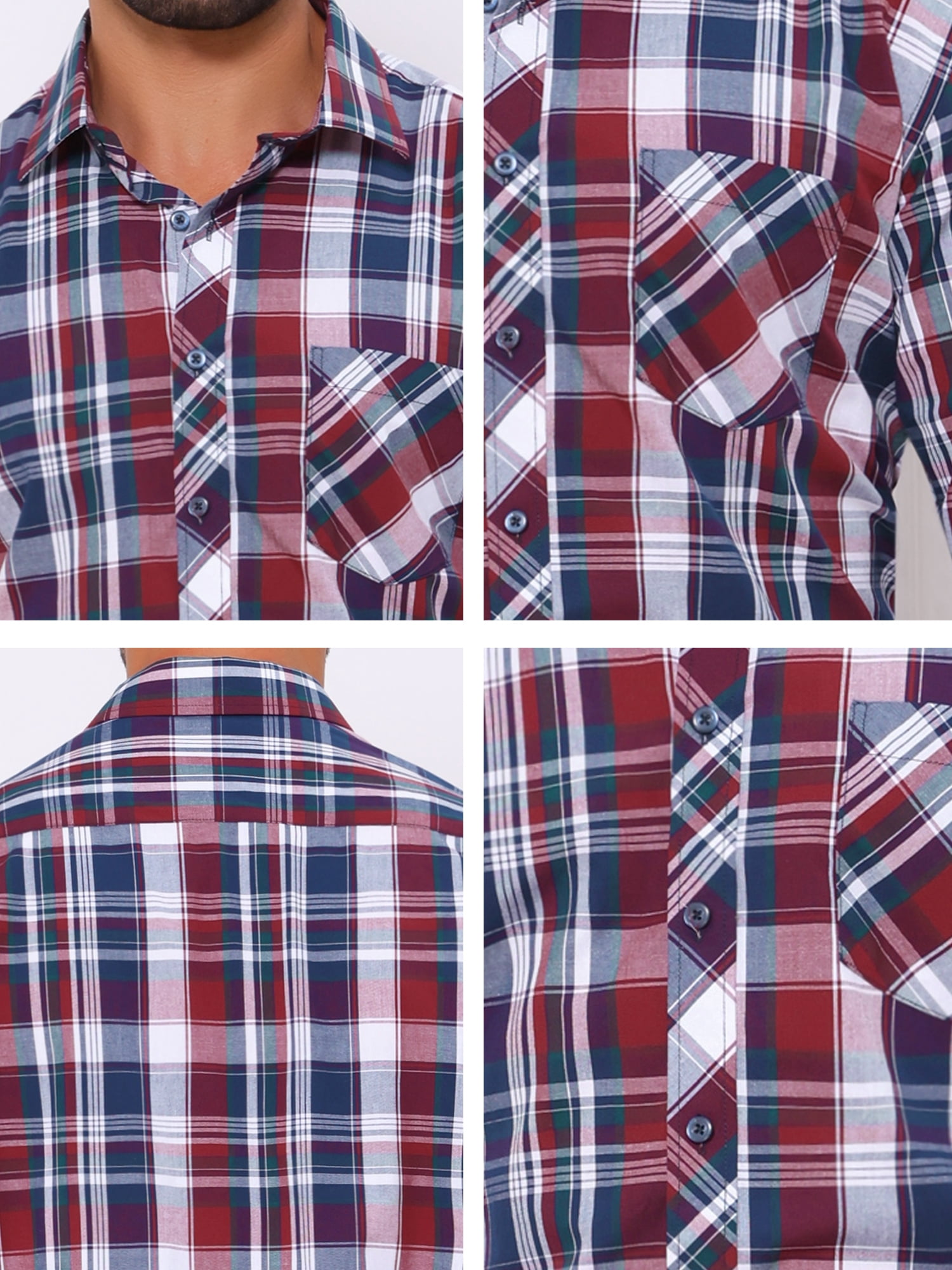 DARING DIVA Men's Long Sleeve Checked Shirt Point Collar Button Plaid Shirt XL Red Navy