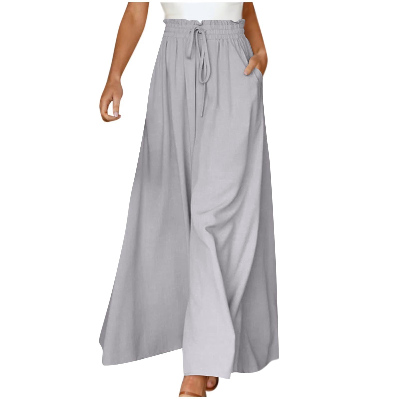 ZXHACSJ Women's Solid Color Trousers Elastic Belt Wide Leg High Waist Long  Culottes Gray M