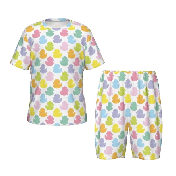 Fotbe Colorful Rubber Duck Pijama Estampada de 2 Piezas para Niños – Ropa de Dormir de Manga Corta Cómoda para Niños y Niñas, Camiseta y Shorts de Algodón-Medium