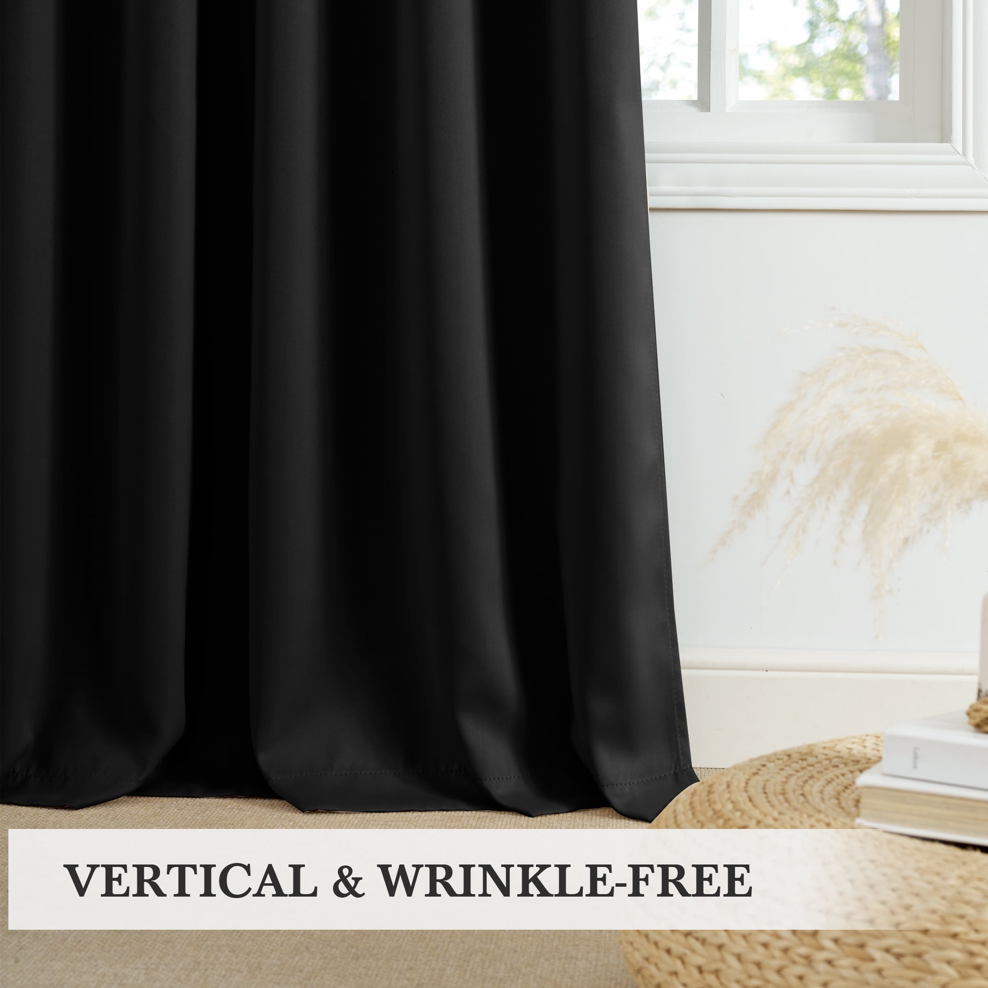 StangH 100% Blackout Curtains for Kitchen, Back Tab & Rod Pocket Drapes Temperature Regulate Room Darkening Noise Reducing Curtains for Bedroom/Bathroom, Black, W52 x L63, 2 Panels