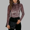 thumbnail image 2 of Women's Mock Neck Velvet Top Long Sleeve Printed Slim-Fit Base Layer Solid Casual Spring & Autumn Blouse,M,Brown, 2 of 7