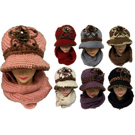 Knitted Lady Winter Hat & Scarf Set, Assorted Color - Case of 12