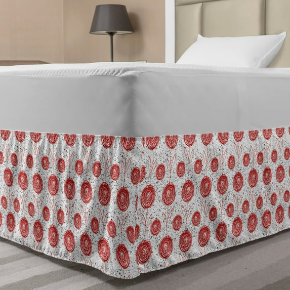 Abstract Bed Skirt, Modern Abstracted Doodle Like Floral on Grunge Sprayed Background, Elastic Bedskirt Dust Ruffle Wrap Around for Bedding Decor, 4 Sizes, Vermilion and Charcoal Grey, by Ambesonne