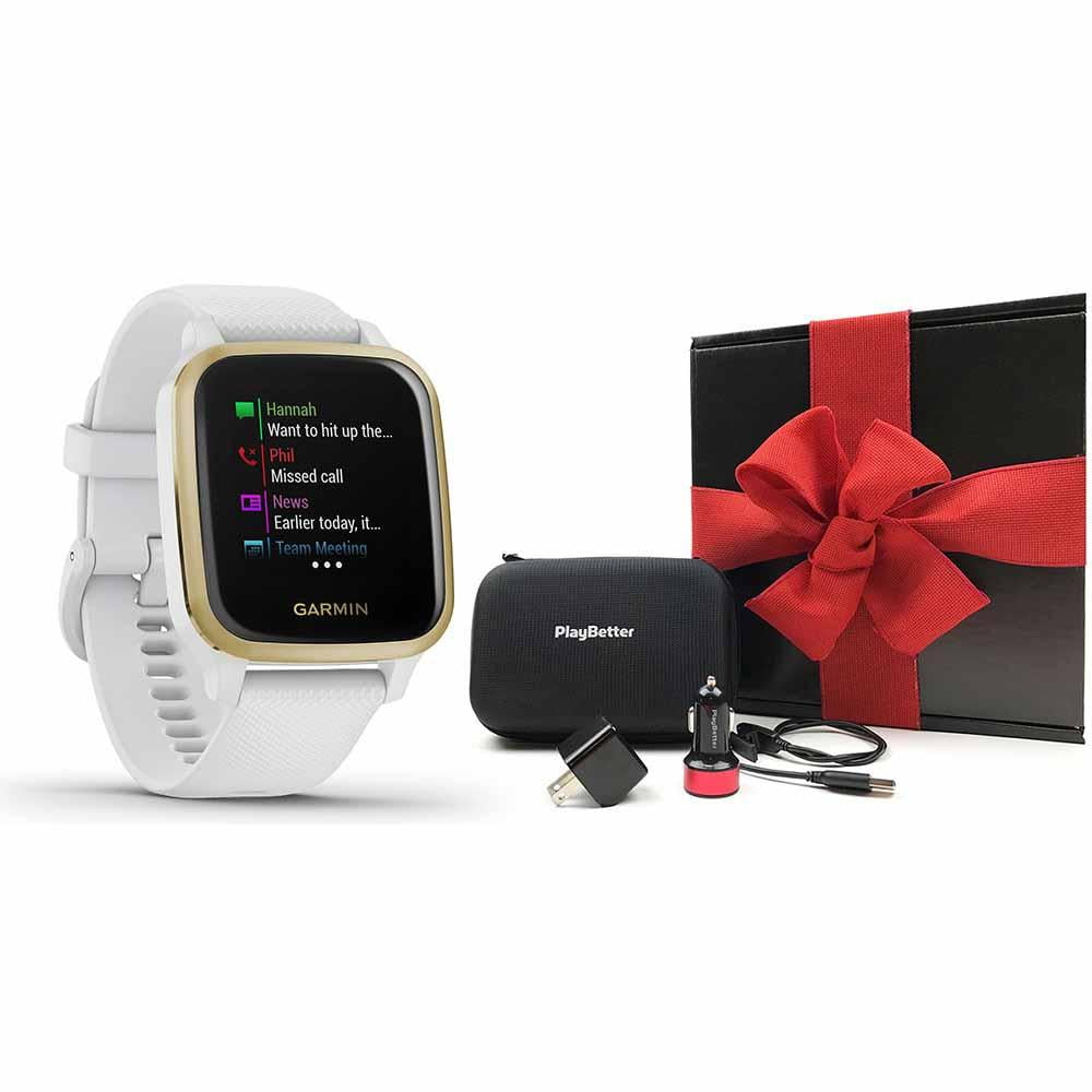 Garmin Venu Sq (White/Light Gold) Fitness GPS Smartwatch Gift Box with Charging Adapters & Protective Case