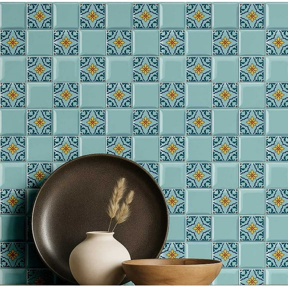 S4Sassy Mosaic Tile Wallpaper - Turquoise Wall Covering, 25" X 120" Self-Adhesive Plain Vinyl Wall Paper, Walls Wrap, Botanical Removable Wallpaper For Bedroom, Nursery, Study