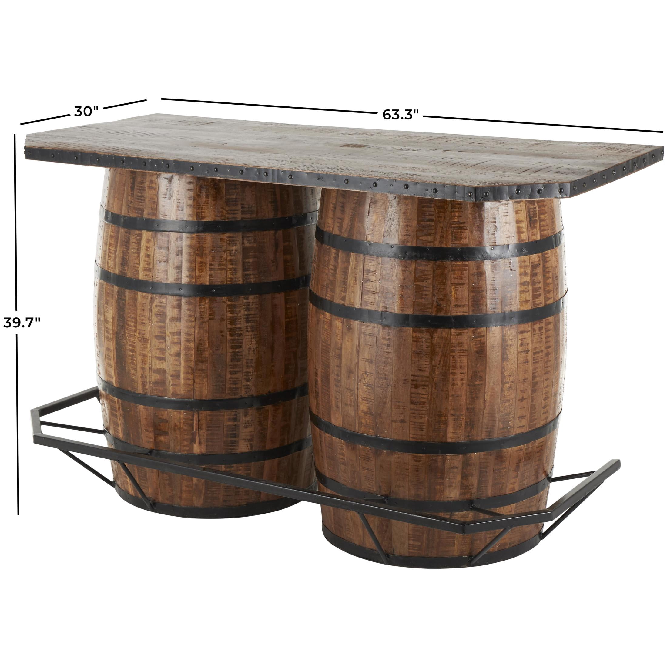 DecMode 63" x 40" Brown Mango Wood Kitchen Barrels Bar with Live Edge Tabletop and Black Metal Support, 1-Piece