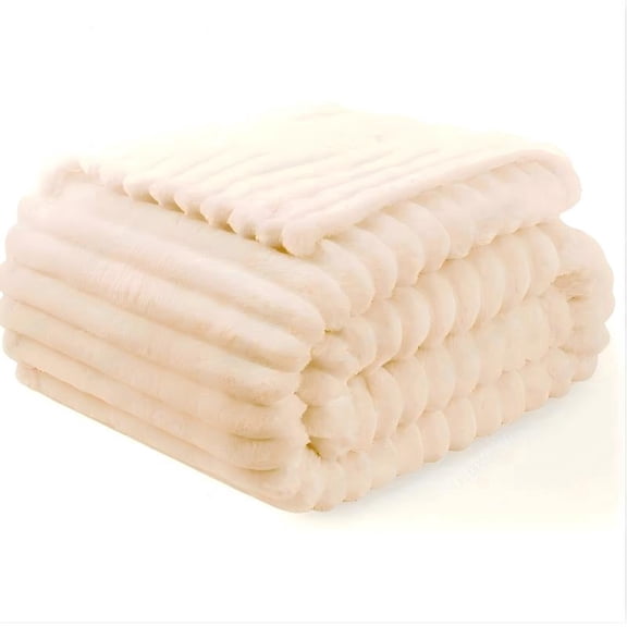ROSEKIND Striped Blanket, Premium Faux Fur Touch Ribbed Throw for Sofa & Bed, Cozy Gift for Adults & Friends, 280GMS, 40x60in, White