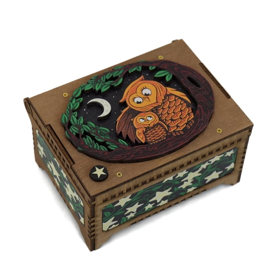 Mother and Baby Owl Colorful Music Box, Custom Image Print Inside, Plays Any Song