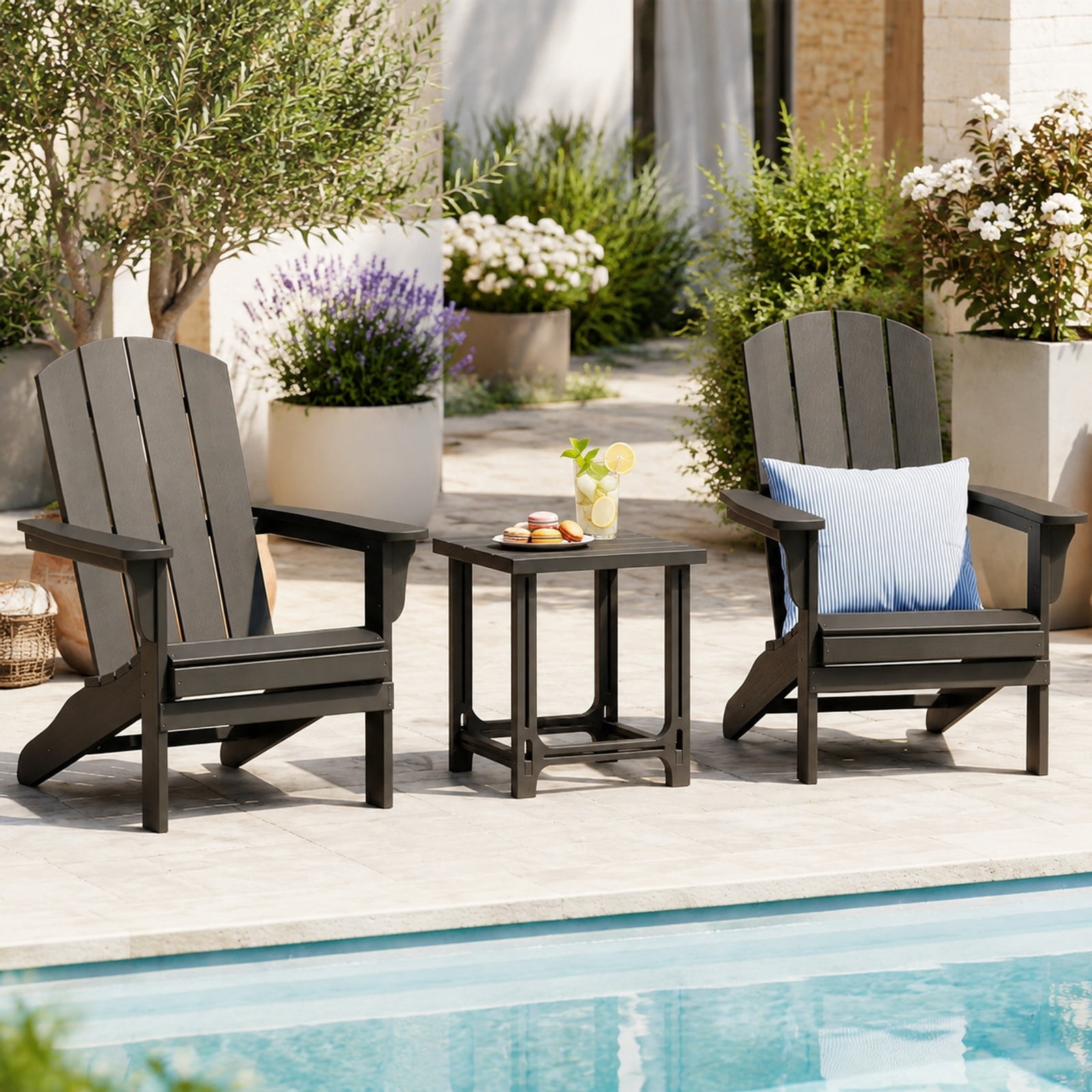 Furnibear Set of 2 Outdoor Adirondack Side Table with Slatted Surface and All Weather HDPE Build for Patio Poolside Deck and Garden, Black