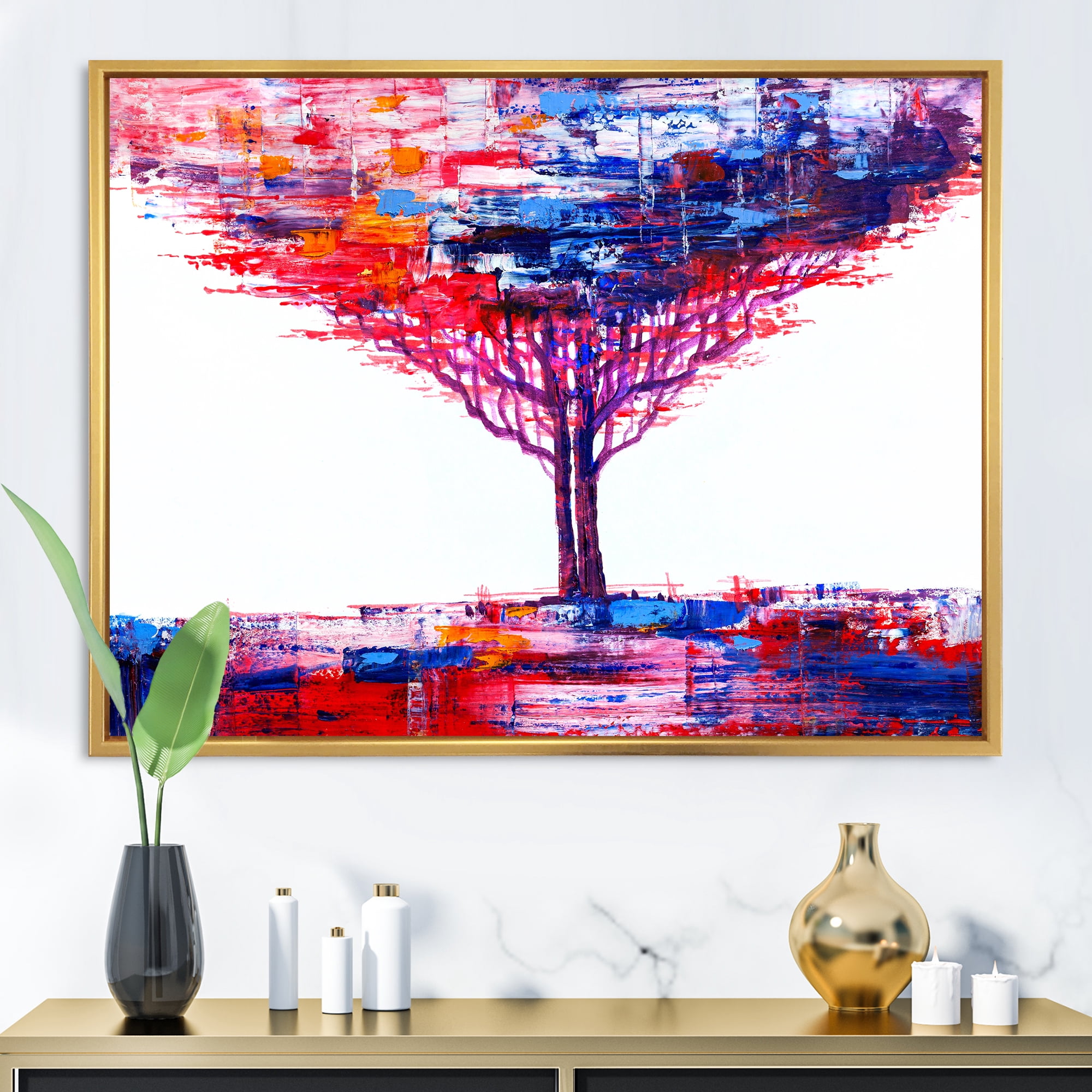 Abstract Colorful Tree Impressionist On A White 32 in x 16 in Framed Painting Canvas Art Print, by Designart