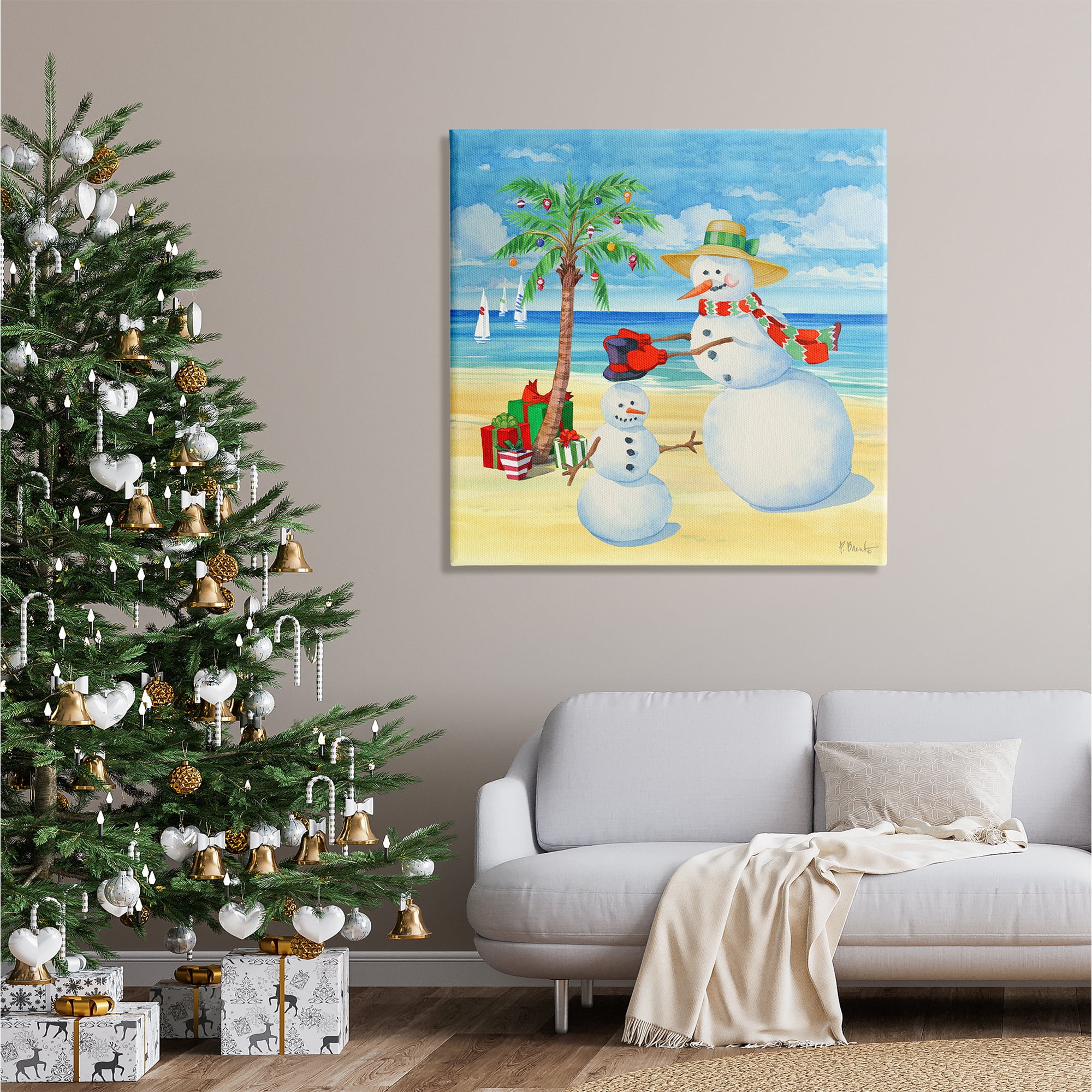 Stupell Industries Festive Snowman Beach Holiday Painting Gallery Wrapped Canvas Print Wall Art, 36 x 36