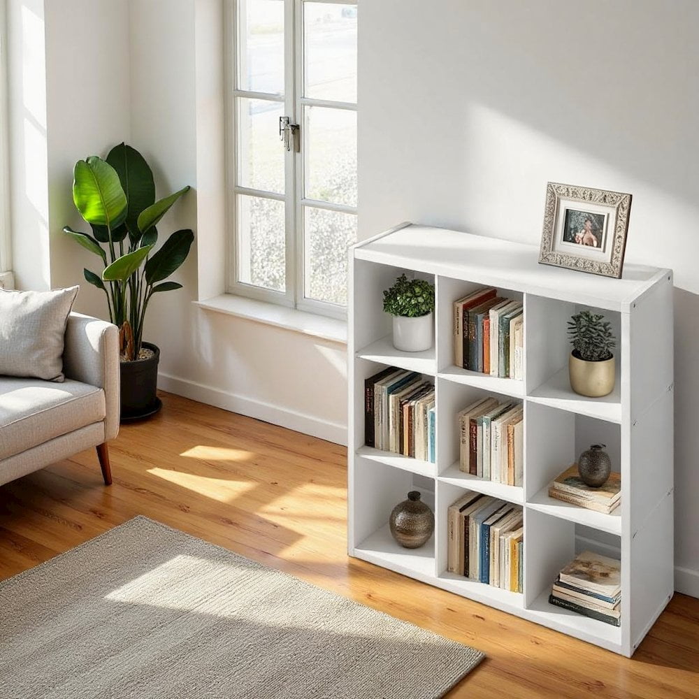 FurniFact White Engineered Wood 9 Cube Storage Organizer with Open Back Modern Design