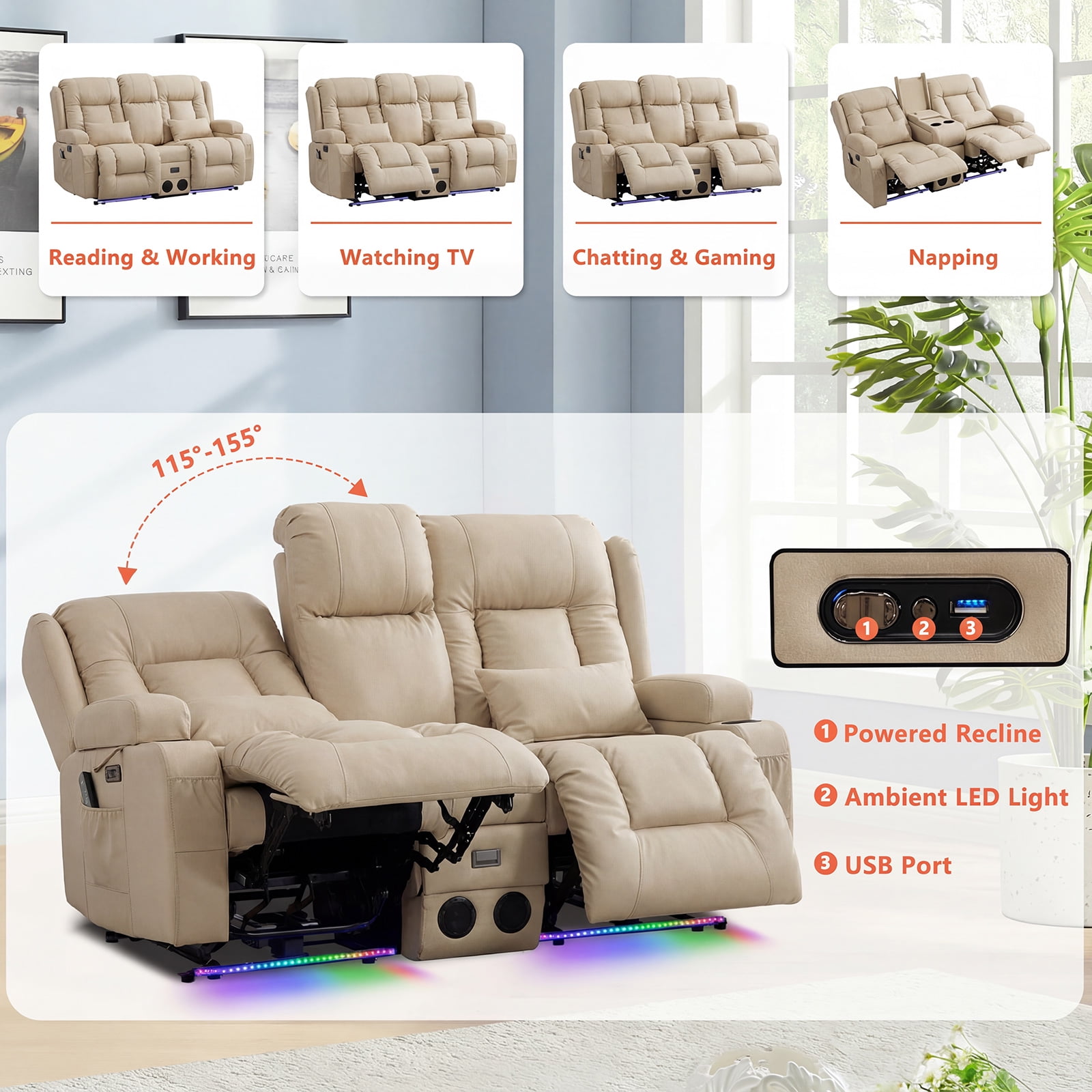 IPKIG Sand Color Power Recliner Loveseat Sofa w/ Massage, Heat, LED Lights, Bluetooth Speakers, USB Ports, Power Outlets Console for Home Theater & RV