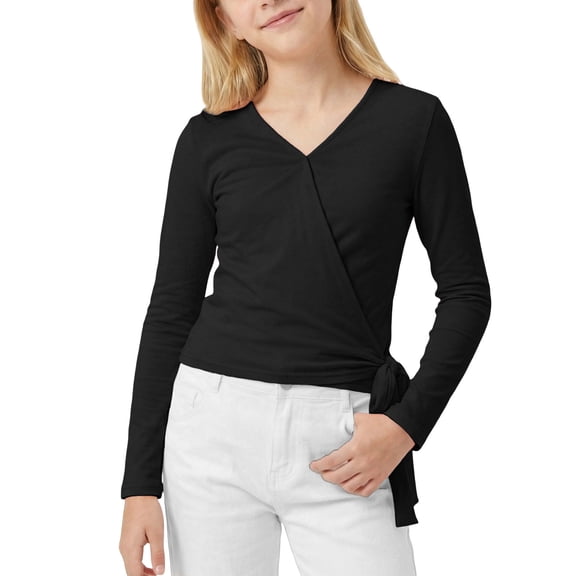 Lullu Girl's Tie Wrap Top Solid Lightweight Long Sleeve V Neck Shirt for Dance