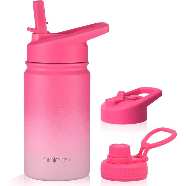 Mininoo Kids Water Bottle with Straw, Insulated 12 oz Water Bottle for Kids with Straw Lid and Chug Lid for Toddlers, Girls, Boys