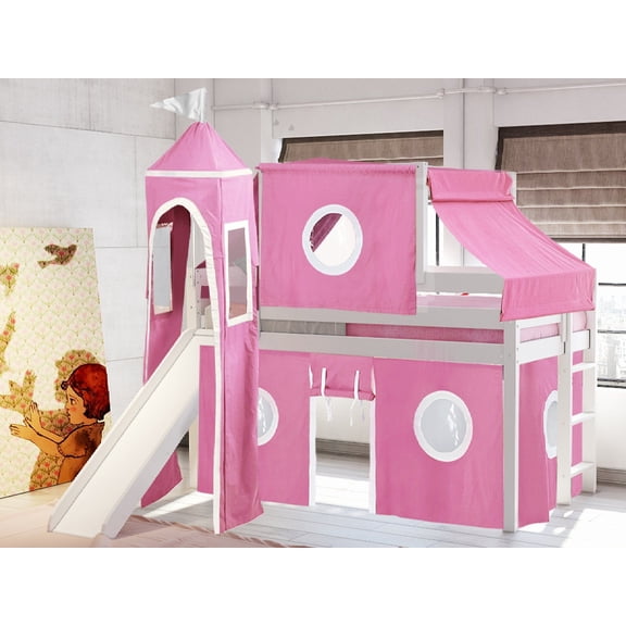 JACKPOT! Princess Low Loft Bed with Slide, Pink and White Tent and Tower, Twin, White
