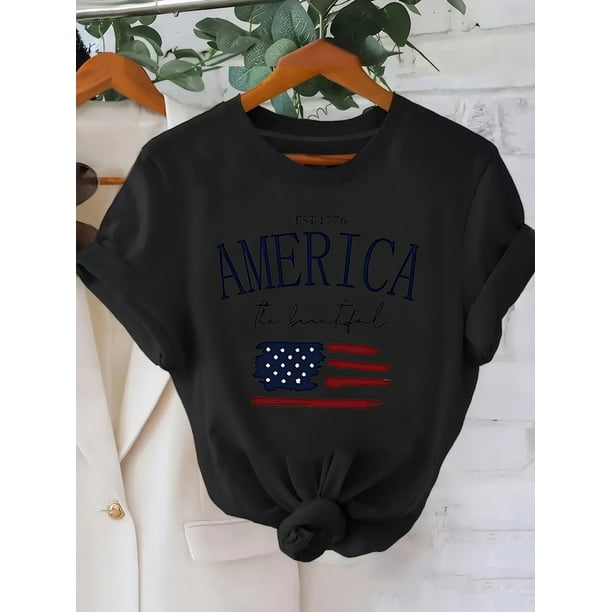 Girls Patriotic American Flag &Amp; 1776 Vintage Printed Short Sleeve T-Shirt, Casual Crew Neck Top, Machine Washable Four Seasons Comfort, American Flag T-Shirt, Opaque Fabric, Regular Version Shirt