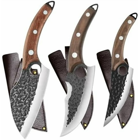 Handmade Forged Kitchen Knife 3 Pcs Professional Chef Knife Set, Hunting, BBQ Meat Knives for Cooking, Forged Kitchen Knife with High Carbon Stainless Steel Cutlery With Leather Sheaths