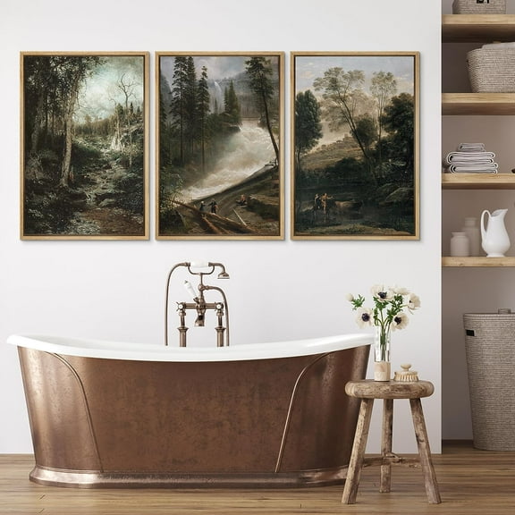 PixonSign Framed Canvas Print Wall Art Set Pine Tree Forest Meadow Nature Wilderness Fine Art Illustrations Decorative Multicolor Landscape Rustic Country/Farmhouse for Bedroom - 16"x24"x3 Natural