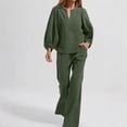 thumbnail image 3 of MLCDZ Elegant Cotton Linen 2 Piece Outfits for Women Long Puff Sleeve V Neck Blouse with Straight Leg Pants Business Casual Sets with Pockets, 3 of 7