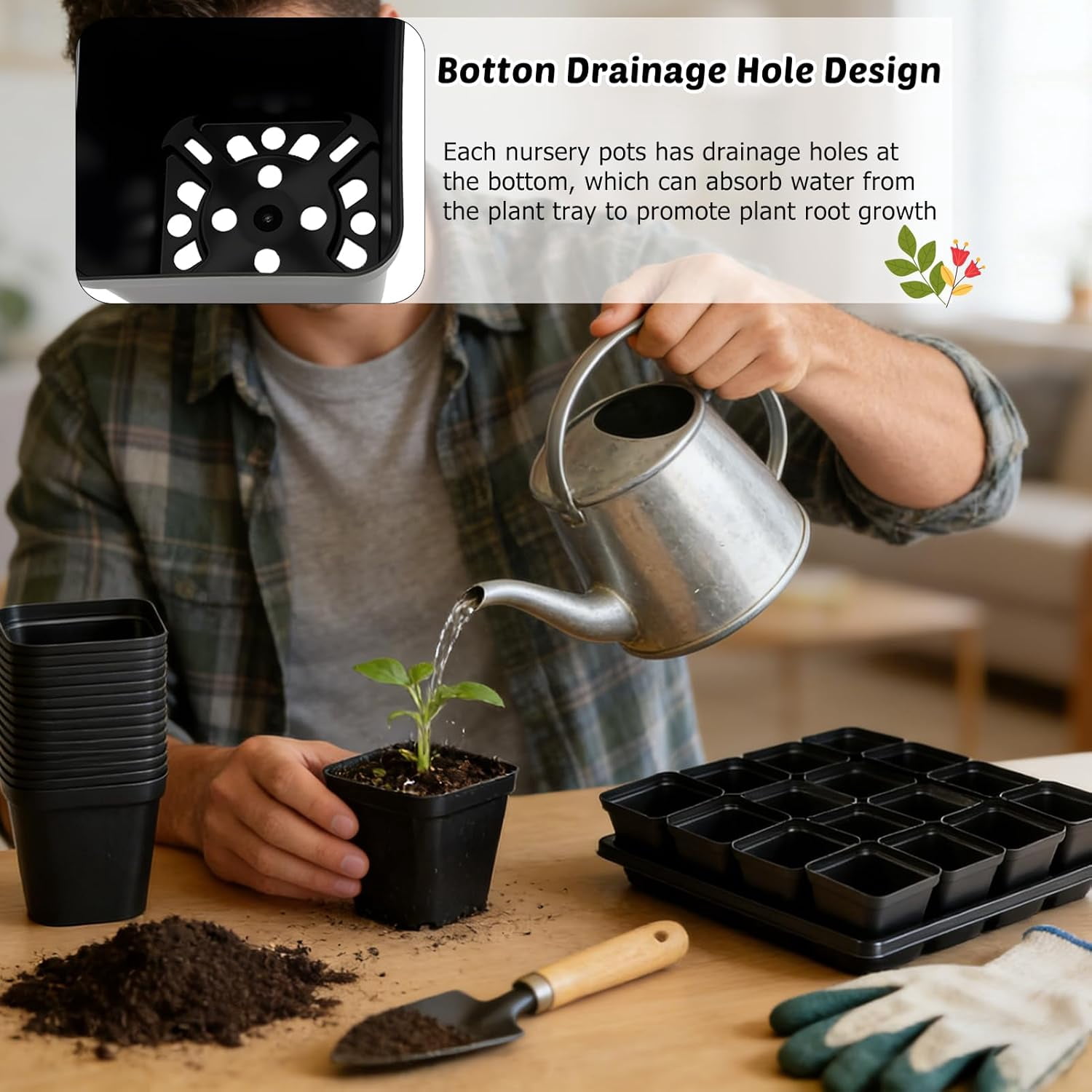Black Square Nursery Pots with Plastic Seed Starting Trays, Plant Propagation Starter Kit Square Pots with Drain Holes