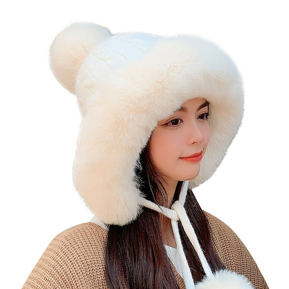 beishanbush Scarf ,Hat,& Gloves Ladies Winter Knitted Wool Cap Three Ball Pullover Cap Warm Ear Protection Hat White