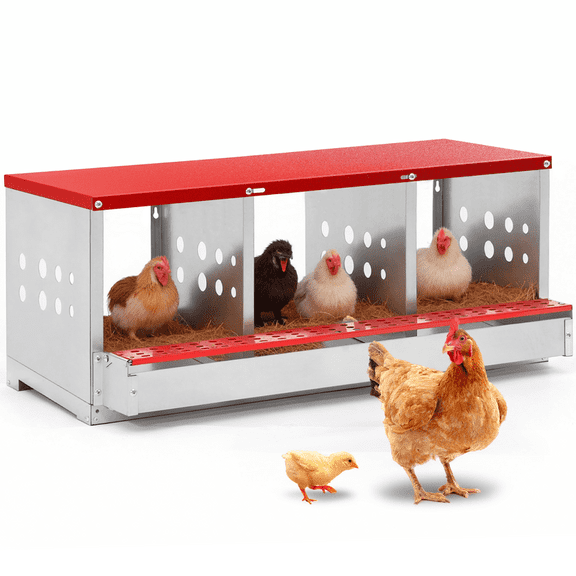 DOMIPET Chicken Nesting Boxes for Laying Eggs, 3 Hole Metal Chicken Egg Laying Box with with Vented Holes and Swing Perch for Chicken Coop (3 Compartments)